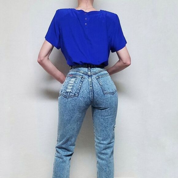 Vintage 80s Pia Rucci Royal Blue Silk Short Sleeve Crewneck Boxy Blouse M - Picture 3 of 11
